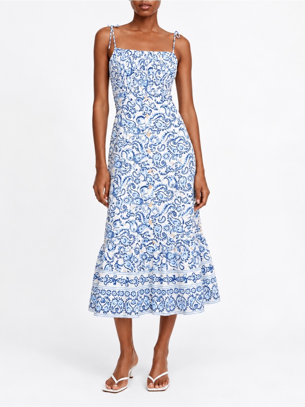 Zara Blue White Paisley Linen Rayon Midi Dress Smocked Button Front Size S
